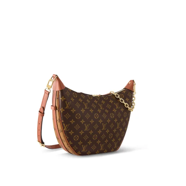 LOUIS VUITTON Loop HOBO Classic Monogram All-Over Print Logo Chain Canvas Moon Bag Crossbody Shoulder Bag for Women, Brown