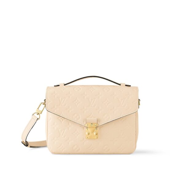 LOUIS VUITTON Pochette Metis letter embossed lock buckle opening and closing leather mailman bag, single shoulder crossbody bag, women's  cream color