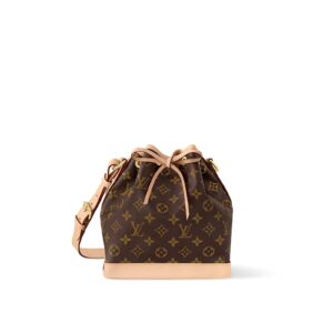 LOUIS VUITTON Petit Noé BB with gold hardware and drawstring closure, canvas and leather, crossbody bag for women, brown