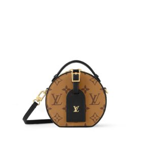 LOUIS VUITTON Petite Boite Chapeau Monogram Calfskin Canvas Round Pouch Handbag, Mini, Women's, Caramel