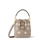 LOUIS VUITTON NOE NANO All-over logo print, drawstring closure, embossed grained calf leather, bucket bag, mini, women's, elephant gray and off-white