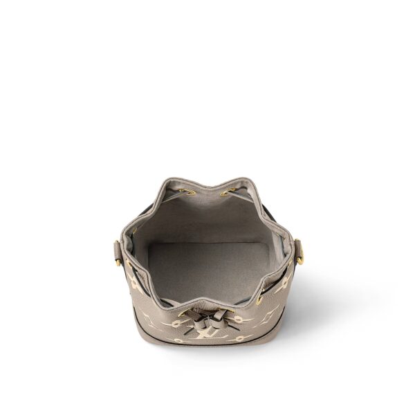 LOUIS VUITTON NOE NANO All-over logo print, drawstring closure, embossed grained calf leather, bucket bag, mini, women's, elephant gray and off-white