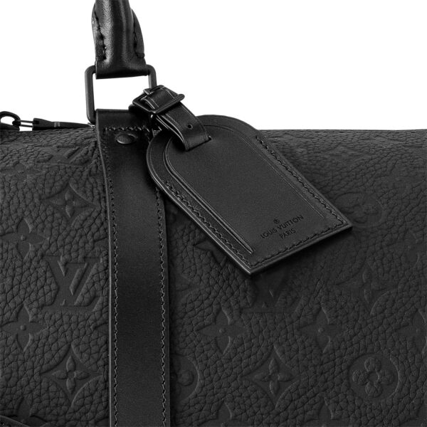 LOUIS VUITTON Keepall 50 Tote Bag, featuring a detachable, adjustable shoulder strap, zipper closure, and ample capacity; embossed leather; men's travel bag; black