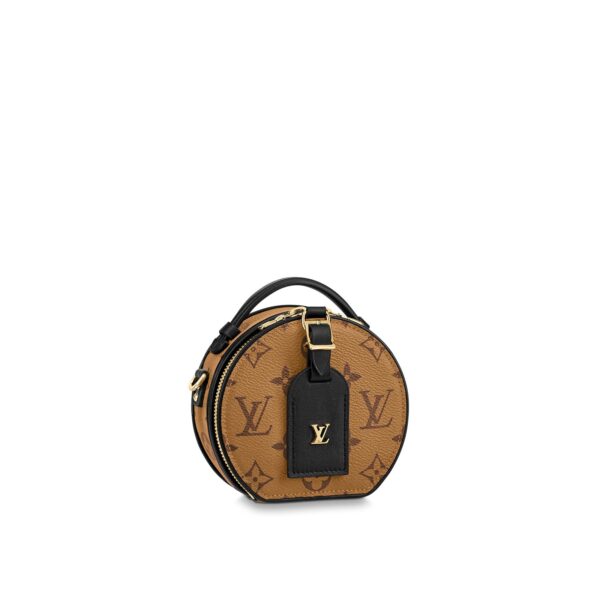 LOUIS VUITTON Petite Boite Chapeau Monogram Calfskin Canvas Round Pouch Handbag, Mini, Women's, Caramel
