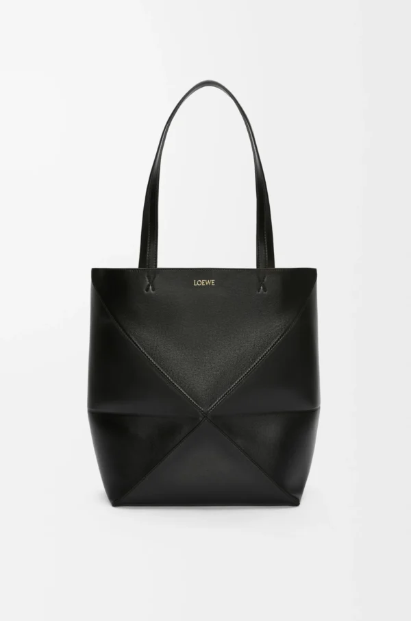 Medium Puzzle Fold tote in shiny calfskin Black