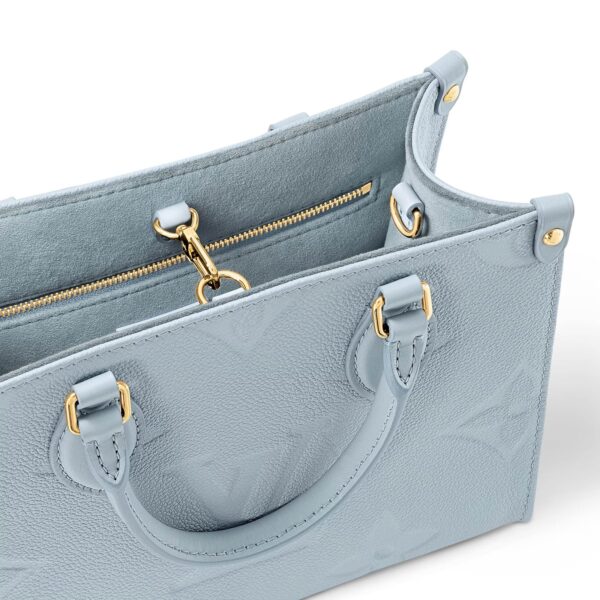 LOUIS VUITTON ONTHEGO PM Tote Bag with Detachable and Adjustable Strap, Embossed Grained Calfskin, Small, Women's, Light Blue