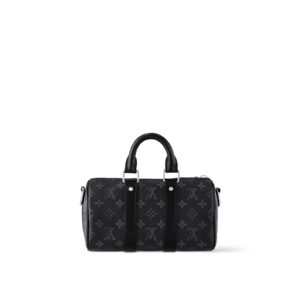 LOUIS VUITTON Keepall 25 with metal hardware, Monogram Black, adjustable shoulder strap  Shoulder/crossbody/tote bag for men, black and gray