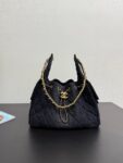 CHANEL 25 Bag 25S, diamond pattern gold chain, denim material with gold buckle, shoulder bag, female style, black