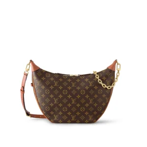 LOUIS VUITTON Loop HOBO Classic Monogram All-Over Print Logo Chain Canvas Moon Bag Crossbody Shoulder Bag for Women, Brown