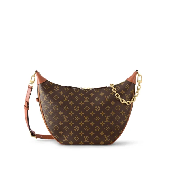 LOUIS VUITTON Loop HOBO Classic Monogram All-Over Print Logo Chain Canvas Moon Bag Crossbody Shoulder Bag for Women, Brown
