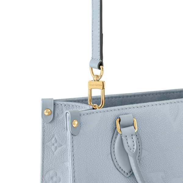 LOUIS VUITTON ONTHEGO PM Tote Bag with Detachable and Adjustable Strap, Embossed Grained Calfskin, Small, Women's, Light Blue