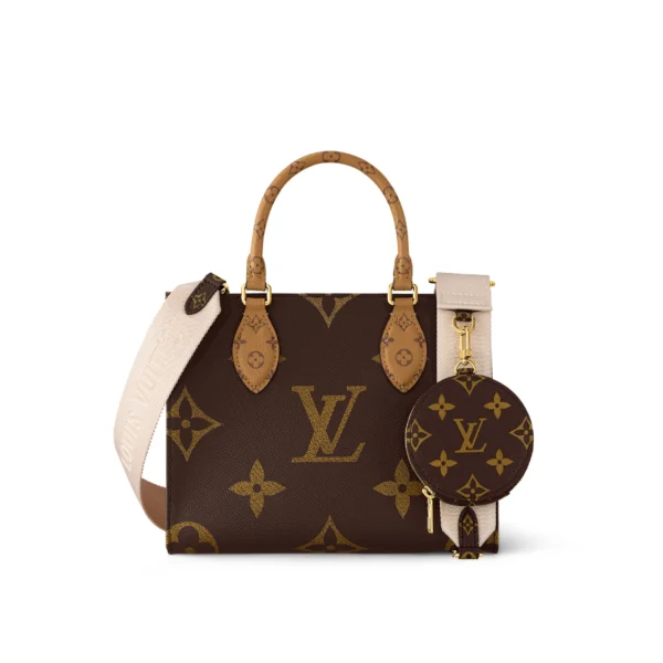LOUIS VUITTON ONTHEGO PM Classic Monogram Canvas Coated Handbag/Shoulder Bag, Mini, Women's, Brown and Caramel