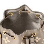 LOUIS VUITTON NOE NANO All-over logo print, drawstring closure, embossed grained calf leather, bucket bag, mini, women's, elephant gray and off-white