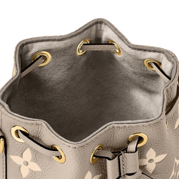 LOUIS VUITTON NOE NANO All-over logo print, drawstring closure, embossed grained calf leather, bucket bag, mini, women's, elephant gray and off-white