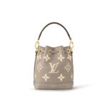 LOUIS VUITTON NOE NANO All-over logo print, drawstring closure, embossed grained calf leather, bucket bag, mini, women's, elephant gray and off-white