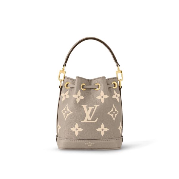 LOUIS VUITTON NOE NANO All-over logo print, drawstring closure, embossed grained calf leather, bucket bag, mini, women's, elephant gray and off-white