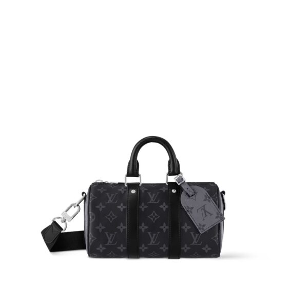LOUIS VUITTON Keepall 25 with metal hardware, Monogram Black, adjustable shoulder strap  Shoulder/crossbody/tote bag for men, black and gray