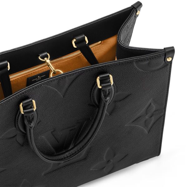 LOUIS VUITTON ONTHEGO MM Tote Bag with Detachable and Adjustable Strap, Embossed Grained Calfskin, Medium, Women's, Black