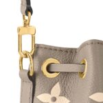 LOUIS VUITTON NOE NANO All-over logo print, drawstring closure, embossed grained calf leather, bucket bag, mini, women's, elephant gray and off-white