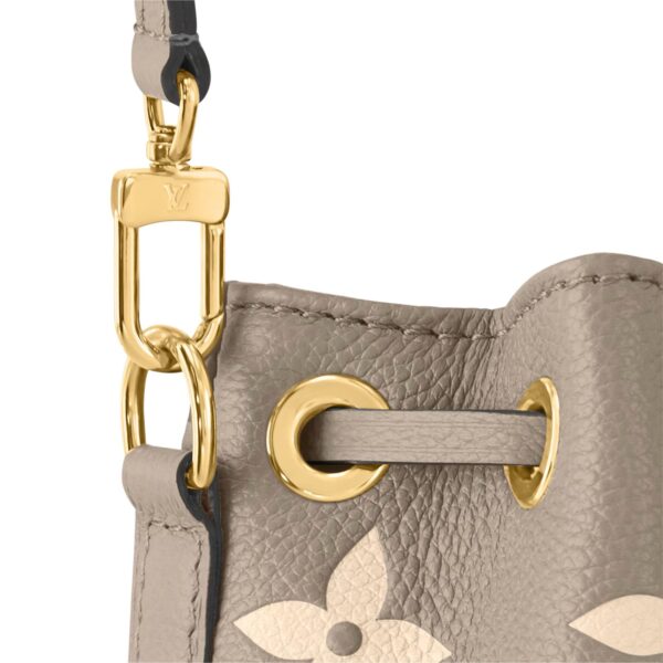 LOUIS VUITTON NOE NANO All-over logo print, drawstring closure, embossed grained calf leather, bucket bag, mini, women's, elephant gray and off-white