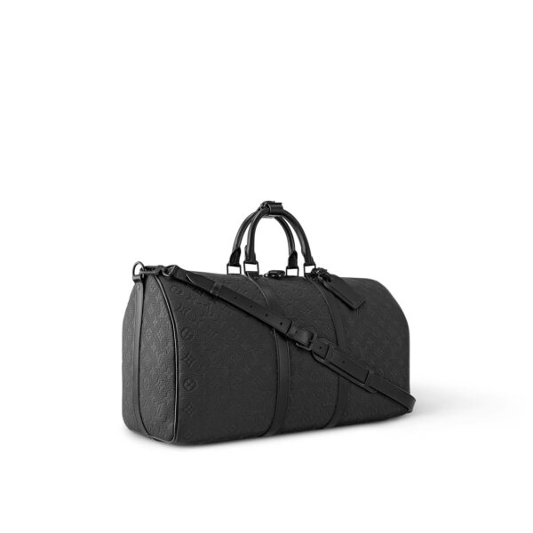 LOUIS VUITTON Keepall 50 Tote Bag, featuring a detachable, adjustable shoulder strap, zipper closure, and ample capacity; embossed leather; men's travel bag; black