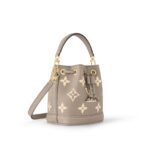 LOUIS VUITTON NOE NANO All-over logo print, drawstring closure, embossed grained calf leather, bucket bag, mini, women's, elephant gray and off-white