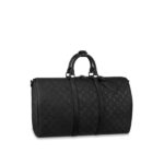 LOUIS VUITTON Keepall 50 Tote Bag, featuring a detachable, adjustable shoulder strap, zipper closure, and ample capacity; embossed leather; men's travel bag; black