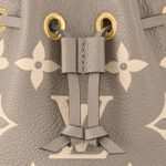LOUIS VUITTON NOE NANO All-over logo print, drawstring closure, embossed grained calf leather, bucket bag, mini, women's, elephant gray and off-white