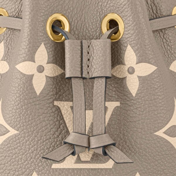 LOUIS VUITTON NOE NANO All-over logo print, drawstring closure, embossed grained calf leather, bucket bag, mini, women's, elephant gray and off-white