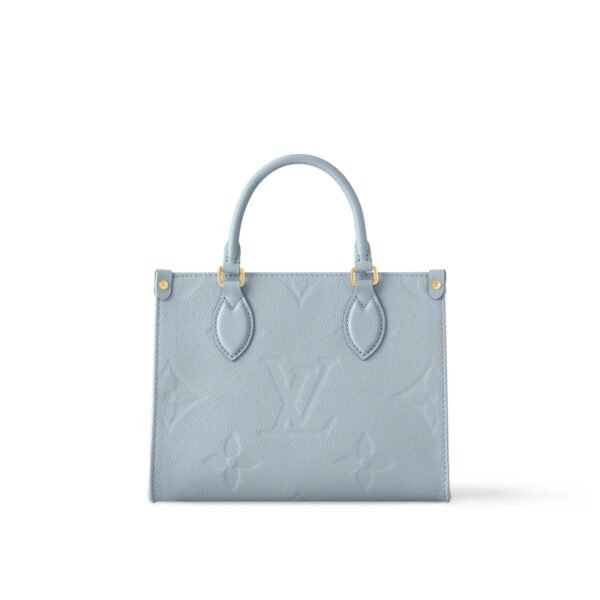 LOUIS VUITTON ONTHEGO PM Tote Bag with Detachable and Adjustable Strap, Embossed Grained Calfskin, Small, Women's, Light Blue