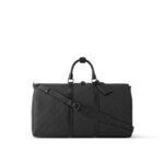 LOUIS VUITTON Keepall 50 Tote Bag, featuring a detachable, adjustable shoulder strap, zipper closure, and ample capacity; embossed leather; men's travel bag; black