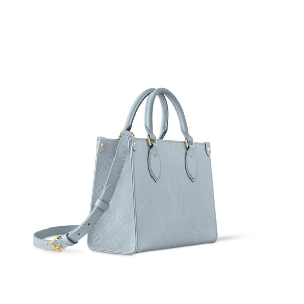 LOUIS VUITTON ONTHEGO PM Tote Bag with Detachable and Adjustable Strap, Embossed Grained Calfskin, Small, Women's, Light Blue